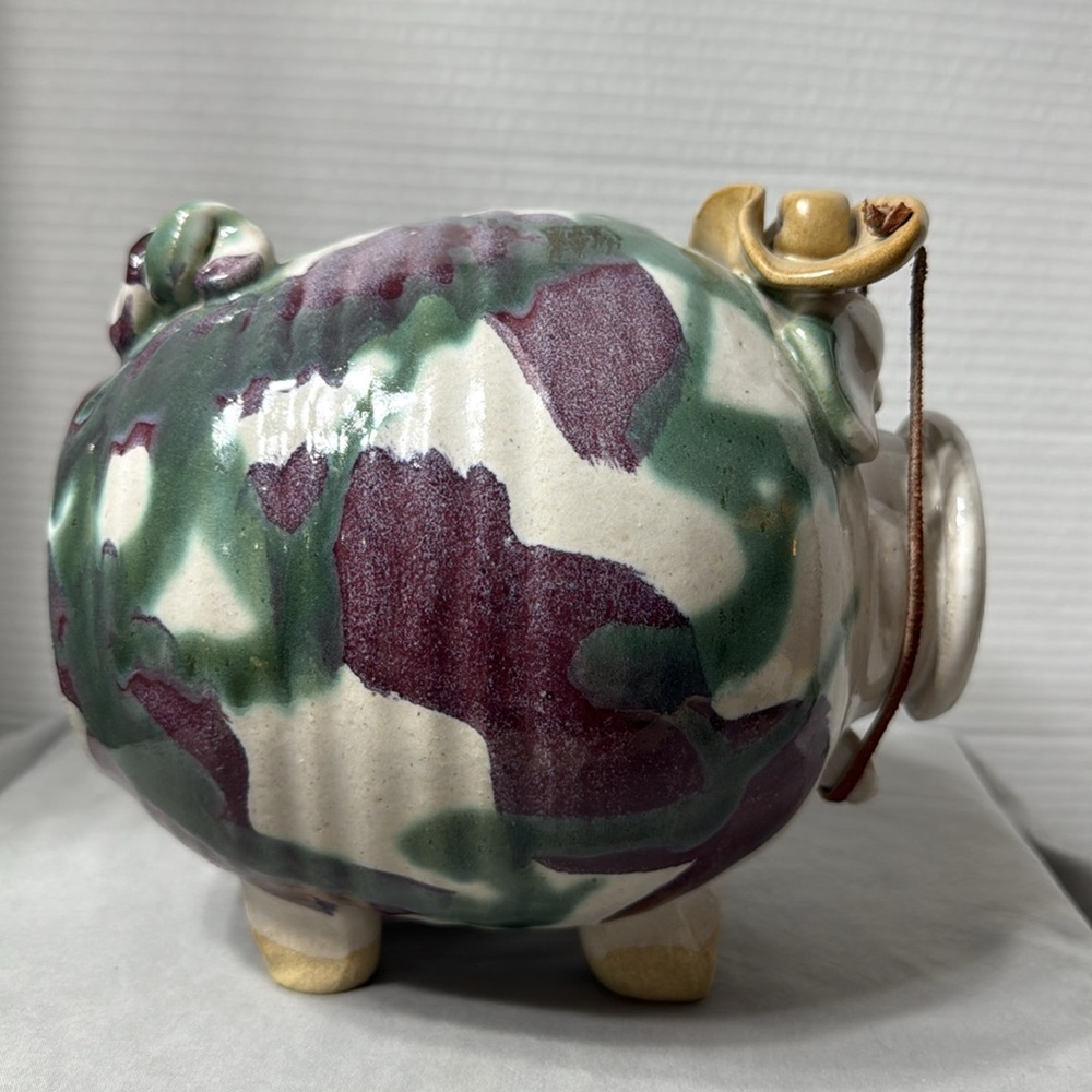 Large Vtg Pottery Studio Ceramic Art Piggy Bank Drip Glaze Cowboy Hat Multicolor - Picture 2 of 11